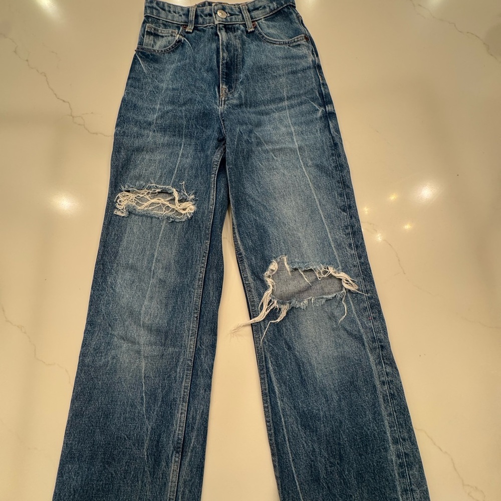 Zara Blue Distressed Boot Cut Jeans size 0 EUC